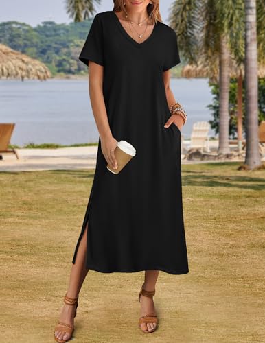 Image of Zeagoo Women Summer Floral Dress Short Sleeve Beach Dress with Pockets Casual V-Neck Split Long T-Shirt Dress Travel Vacation