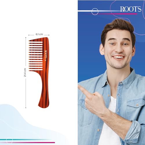 Image of ROOTS Comb with Handle | Wide Teeth | Smooth & Round Teeth prevent Hair & Scalp damage | For Women with Straight, Long, Silky, Wavy Hair | Wet & Dry use | Length - 8.4 Inch | Model No - 38