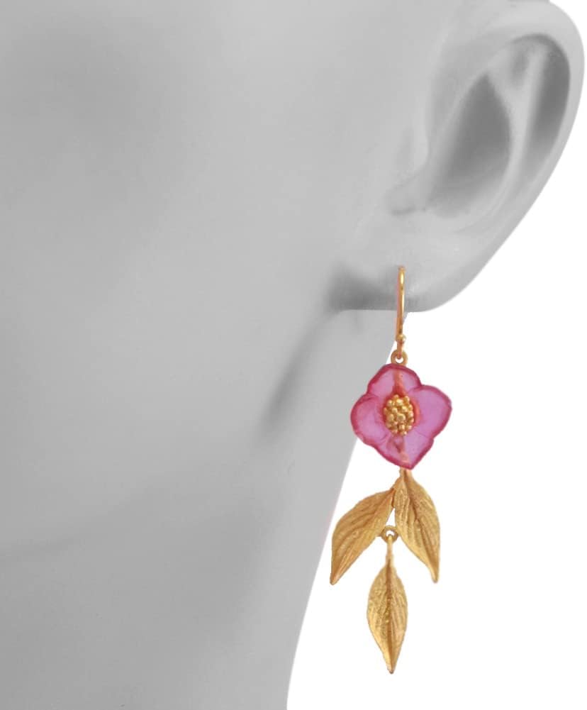 American Handmade Cast Artisan Glass & Gold-Plated Pink Dogwood Blossom Earrings - Michael Vincent Michaud Collection
