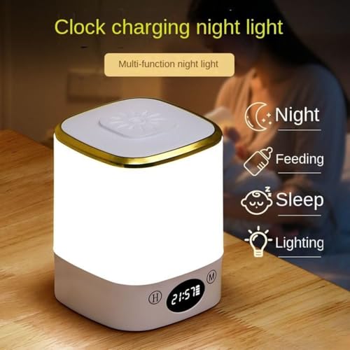 Image of One94Store LED Touch Table Lamp with Built-in Clock (H & M Buttons to Set Time) - Rechargeable Cube Shape Lamp with Golden Touch, 3-Color Dimmable Night Light for Bedroom, Office & Home Decor