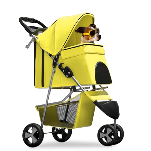 Image of Magshion 3-Wheel Pet Stroller, Foldable Travel Jogger for Small & Medium Dogs & Cats (Up to 33lbs), Lightweight Carrier with Breathable Mesh Cover, Cup Holder & Storage Basket, Yellow