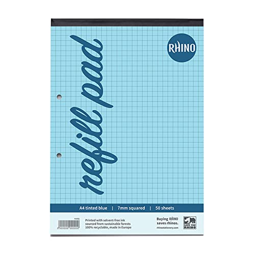 Rhino A4 Refill Pad, Writing Pad, 100-Page / 7Mm Squared, 1-Pack, Blue Squared Writing Paper For Dyslexia & Sen, Office & School Stationery Supplies