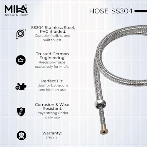 Image of Mila Hose SS304 PVC Braided 1.5M with Brass Nut | Chrome Finish Bathroom & Kitchen Accessory | Flexible, Leak-Proof & Corrosion Resistant Pipe | 3-Year Warranty