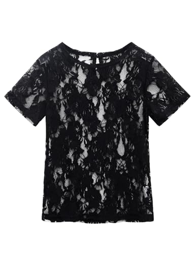 Image of Noomelfish Girls Lace Short Sleeve Layering Tops Sheer Mesh Tee Shirts Blouse (5-12 Years)