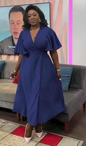 Image of Summer Dresses for Women Semi-Formal Fit Casual Short Ruffle Sleeve V Neck Elegant Swing Split Long Maxi Dresses