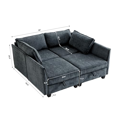 Image of ORRD Sleeper Modular Sectional Sofa Set, Convertible Couch Bed with Storage, 4 Seater and 4 Armrestes Sofa Modular for Living Room, Office (Blue Grey)