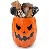 pinata Halloween Kitchen Decor Ceramic Pumpkin Utensil Holder, Cute Halloween Utensils Holder, Ceramic Utensils Crock for Rustic Farmhouse Indoor Kitchen Decorations(6.3 Inches)