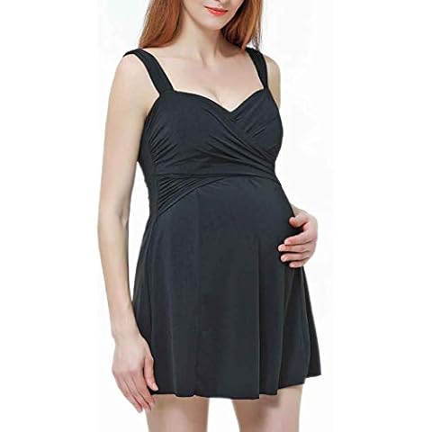 Momo Maternity Bathing Suit UPF 50 One Piece Skirted Swimdress Women's Maternity Swimwear Pregnancy Swimsuit Black Medium Cover