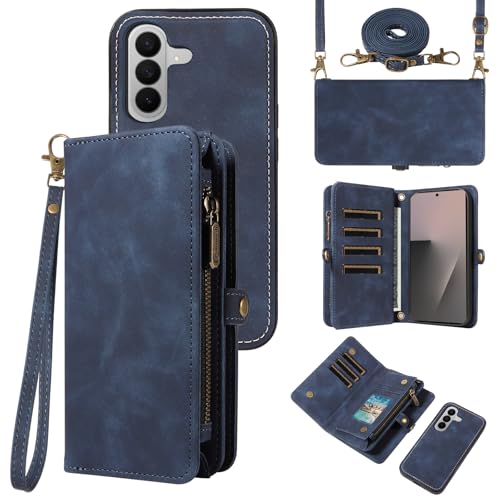 Asuwish Phone Case for Samsung Galaxy Z Fold 7 Zipper Wallet Detachable Cell Cover with Crossbody Lanyard Strap Flip Card Holder Slot Heavy Duty Shockproof ZFold Z7 G Fold7 7Z Women Men Girls Blue