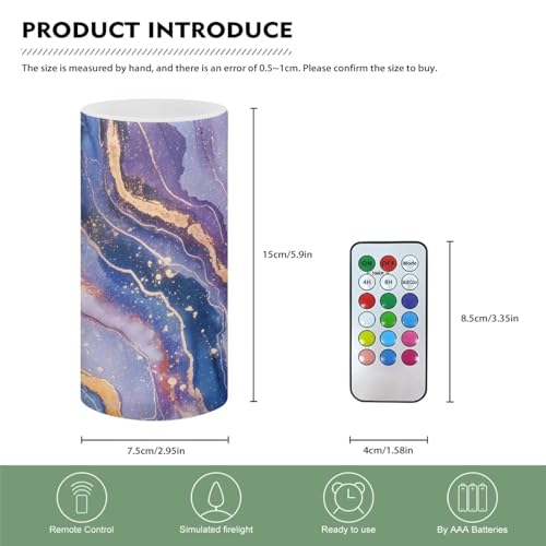 Image of Flameless Candle with 18 Key Remote 4 /8 Hours Timing Color Changing, Flickering Wick Realistic Votive Electric Candle for Patio Desktop Home Ornaments, Purple Blue Gold Marble