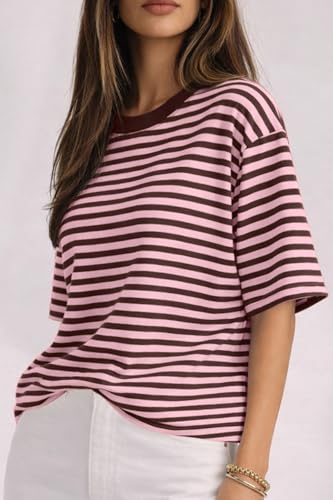 CHYRII Womens Oversized Striped T Shirts Short Sleeve Casual Fashion Summer Y2K Clothes 2026 Basic Tee (Pink+Coffee XL) - image 2