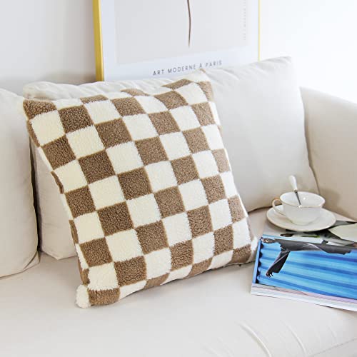Jojusis Decorative Throw Pillow Covers Luxury Style Checkerboard Pattern Cushion Case Super Soft Faux Fur Wool Pillowcases For Couch Bedroom Pack Of 2 (Khaki, 18 X 18-Inch) #TOP2