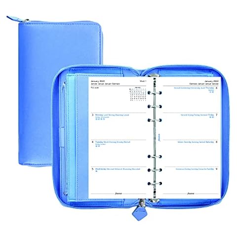 Filofax Saffiano Zip Organizer, persönliche kompakte Größe, Vista Blue - Cross-Grain, Lederoptik, sechs Ringe, Wochenansicht, Kalender Cover