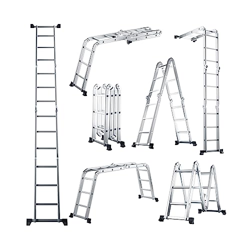 GYMAX Échelle Multifonction Pliante 370,5CM en Alliage d'Aluminium, Escabeau 7 Modes...
