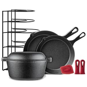 Cast Iron Cookware 8-Pc Set – Pre-Seasoned 10″+12″ Skillet + 5-Quart Double Dutch Oven + Pan Rack Organizer + Silicone Handle Cover Grips + Scraper/Cleaner- Stovetop, Grill, BBQ, Indoor/Outdoor Use