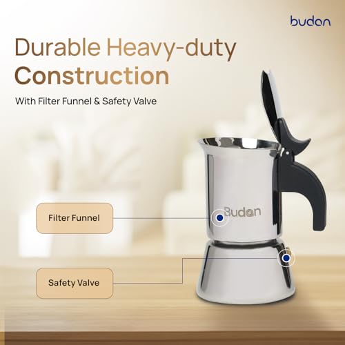 Image of Budan Moka Pot 2 Cup Stainless Steel Espresso Maker | Stovetop Coffee Maker | Works on Gas, Induction & Electric Stove | Durable Steel Body