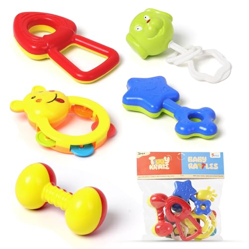 Image of 5 Pcs Baby Rattle Set for Infants 0-12 Months | Lightweight Durable Plastic Rattles for Babies 3-6 & 6-12 Months | New Born Toys & Baby Shower Gift Set