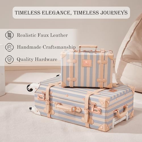 Image of UNIWALKER Vintage Carry on Luggage Set, 2 Piece Retro Spinner Trunk Suitcase with Cosmetic Train Case for Women, 20 inch+12 inch, Blue Strip