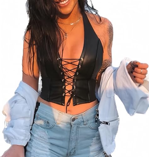 Women's Sexy PU Leather Crop Tank Top Backless Halter Lace-Up Tanks Sleeveless Camisole