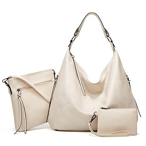 Pahajim Bolsos de Mujer Bandolera Mujer Bolso Hobo PU Piel Bolso Grande Tote de Hombro Conjunto de Bolso y Cartera 3pcs para Shopper,Trabajo(Blanco)