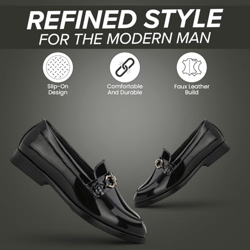 Image of STANPHORD Men Formal Loafer Shoes | Patent Faux Leather Slip-On | Cushioned Insole | Office Business Wedding Lightweight Dress Shoes (TPAL 8019)