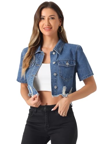 Allegra K Cropped Denim Jacket for Women's Short Sleeve Button Down Frayed Short Jeans Jackets