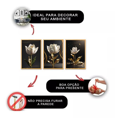 Quadros Decorativos Flores Flor Dourada Tulipas Floral Ouro