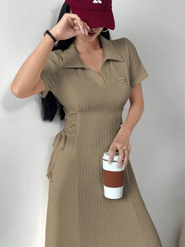 Image of Shasmi Women's Solid Color Applique Lace-Up Collared Short Sleeve, Side-Tie Waist Long Casual Maxi Women Dress Outfit Long Evening Midi Western Party Dress for Women (Dress 211)