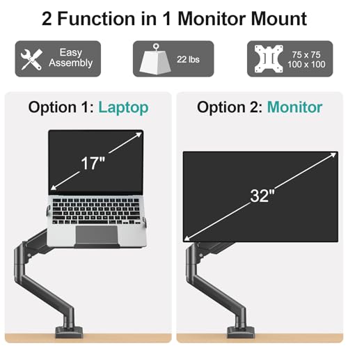 Image of MOUNT PRO Laptop Arm Mount for Desk, 2 in 1 Function Monitor Laptop Stand, Fits Max 17 inch Notebook and 32 inch Computer Screen, Aluminum Single Monitor Holder with Adjustable Tray, Holds up to 22lbs