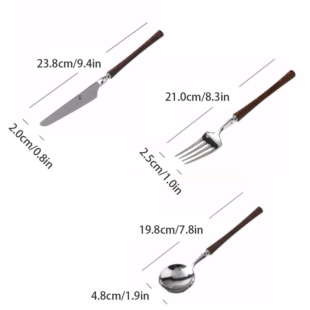 Exquisito Juego de Cubiertos de Acero Inoxidable con Mango de Madera, Utensilios de Cocina Retro, Cuchillo, Tenedor y Cuchara, Juego de Cubiertos Reutilizables para el hogar Práctico