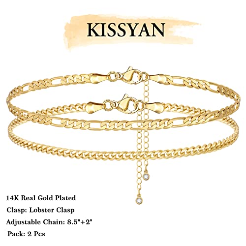 Kissyan Gold Layered Ankle Bracelets For Women, Dainty 14K Gold Plated Layering Anklets Set Adjustable Fashion Cuban Link Snake Tennis Chain Ankles Summer Beach Foot Jewelry Gifts For Women Girls #TOP3