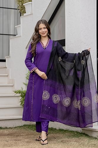 Image of MEERA FAB Women Floral Printed Pure Cotton Straight V-Neck Kurta with Palazzos & Dupatta