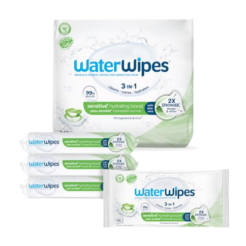Image of WaterWipes Sensitive+ Hydrating Boost Wipes, 3-In-1 Cleans, Cares, Hydrates, 99% Water with Aloe Vera, Unscented & Hypoallergenic Baby Wipes, 360 Count (6 Packs)