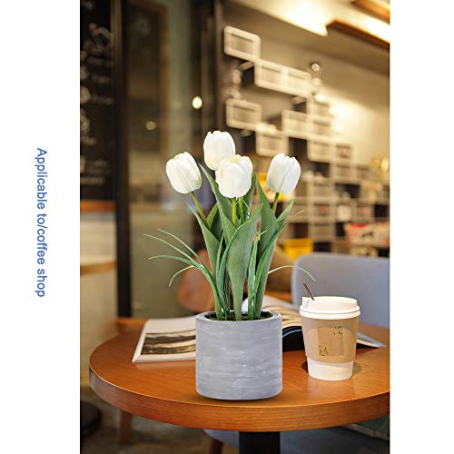 Jusdreen Artificial Potted Tulips Flowers With Cement Vase Vivid Tulip Flowers Arrangement For Home Office Décor House Decorations(5 White Tulips) #TOP6