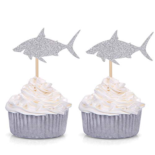 Pack of 24 Silver Shark Cupcake Toppers Boy's Birthday Party Decorations