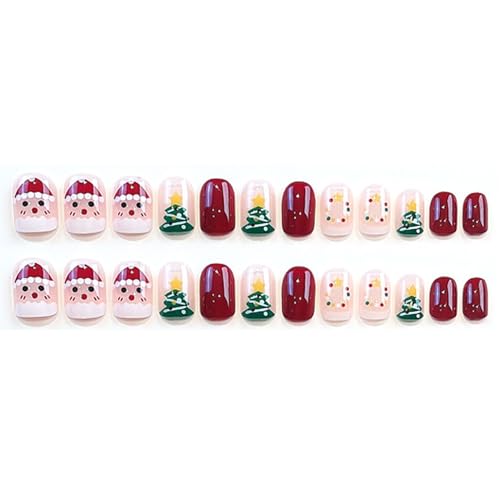 Uñas postizas cuadradas cortas con diseño navideño de Santa Claus y árbol de Navidad rojos y verdes, 24 piezas, brillo francés full cover miniatura 3