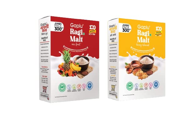 Gaplu Mix Fruit and Honey Almond Ragi Malt, Natural Gluten Free Satva, Nachani Satva, Ragi Sattu, Sprouted Finger Millet Powder Kodra Taidalu Kezhvaragu 600g (Pack of 2)