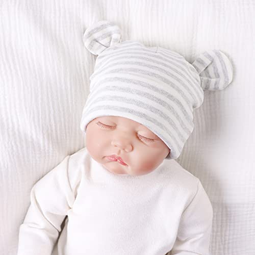 Image of Original Cotton Newborn Hats for Girls Striped Preemie Baby Hats Bear Ears Infant Boys Beanies 0-6 Months