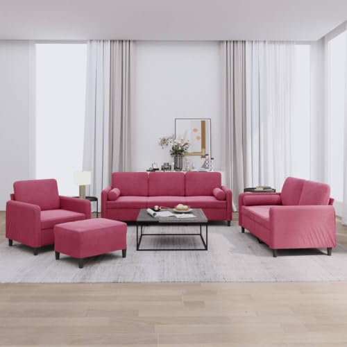 vidaXL Sofagarnitur 4-TLG., Sessel Couch mit Kissen Fußhocker, Sofa Wohnzimmersofa mit Armlehnen, Couchgarnitur Designsofa Sitzmöbel Polstermöbel, Weinrot Samt – Bild 3