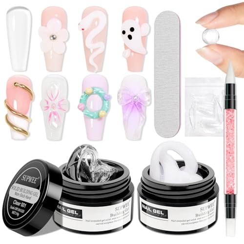 SUPWEE 3D Nail Art Gel Clear and White Solid Builder Gel for Nails Non-Stick Hand Sculpture Hard Gels with Dual Form for Carving Patterns Decoration Nail Art Home Manicure DIY for Women