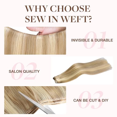 Image of GOO GOO Sew In Hair Extensions Real Human Hair for Women, Weft Hair Extensions, 16 /22 Light Blonde Highlighted Golden Blonde 18inch 100g, Double Weft with Thick Ends for Natural Volume Everyday Wear