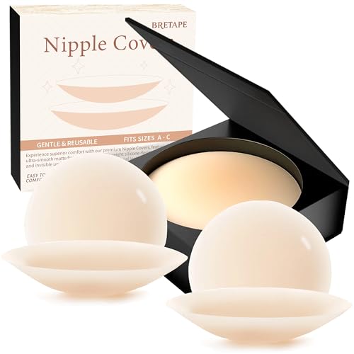 Nipple Covers for Women – 2 Pairs Pasties Sticky Adhesive Silicone Nipple Covers Reusable & Waterproof No Show for Strapless Dress Swimwear with Travel Box (Size A-C Cups)
