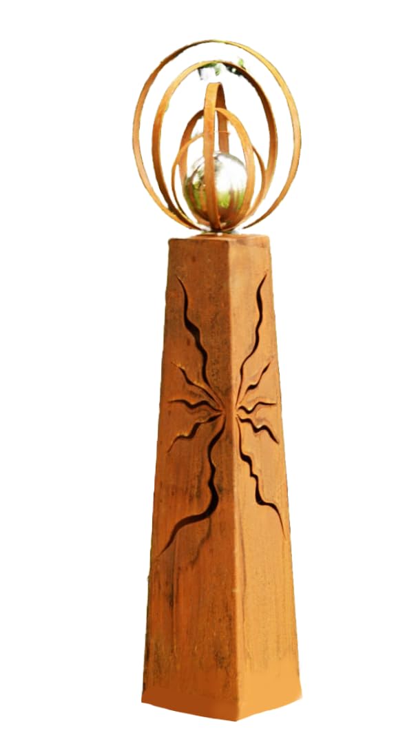 Gartendeko Metall, Rost, konische Rostsäule, 100 cm mit Edelstahlkugel und Rostbänder in Kugelform, für draußen. Handgemachte Säule Edelrost mit Muster, Outdoorbereich, wetterfest.