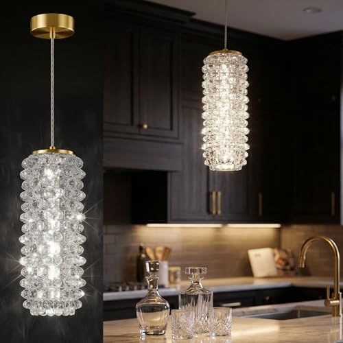 NOPAARD Crystal Pendant Lights for Kitchen Island, Modern Glass Chandelier Lights Fixture, 6000K LED Cold White Hanging Lighting, ETL, Adjustable Height for Dining Room Bedroom (Gold 1-Light) by NOPAARD - Used condition - US$19.99