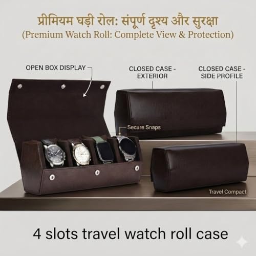 Image of essart Premium 4 Watch Roll Organizer - Leather Travel Watch Case with Soft Velvet Interior, Secure Button Closure, Luxury Watch Storage