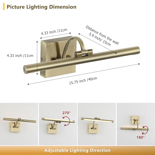 Image of DESOOP Picture Lights for Wall Hard-Wired Antique Bronze Picture Lighting Dimmable Art Light LED Gallery Lighting for Wall Portrait Artwork 15.75 inch 7W 2700K