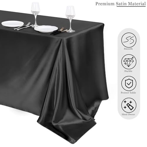 Image of TURSTIN 4 Packs Black Satin Tablecloth 102 x 58 Inch Overlay Satin Table Cover Rectangle Bright Silk Tablecloth Smooth Fabric Table Decoration for Wedding Banquet Party Events