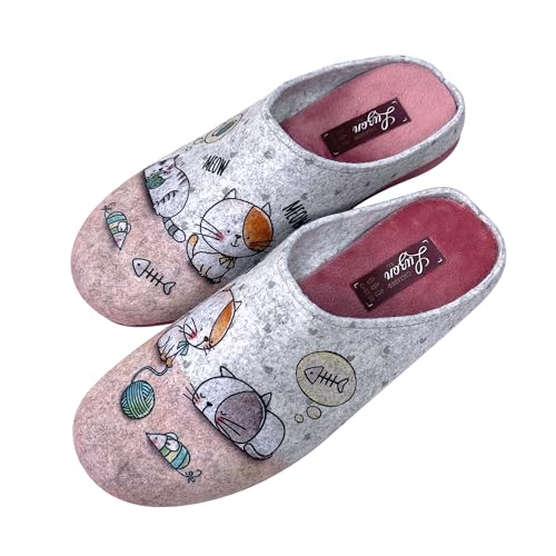 JOMIX Hausschuhe Damen Winter Pantoffeln Warme Filz Slippers Geschlossene Front Offene Ferse Kuscheliges Plüschfutter Rutschfeste Leise Sohle Katzen Motive JX0001 Rosa 39