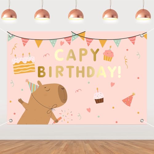 Fondo de cumpleaños Capybara rosa 7x5ft para decoración miniatura 1