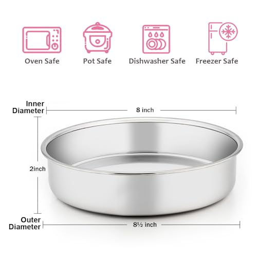 E-far 8 Inch Cake Pan Set of 3, Stainless Steel Round Layer Cake Baking Pans, Non-Toxic & Healthy, Mirror Finish & Dishwasher Safe - Image 2